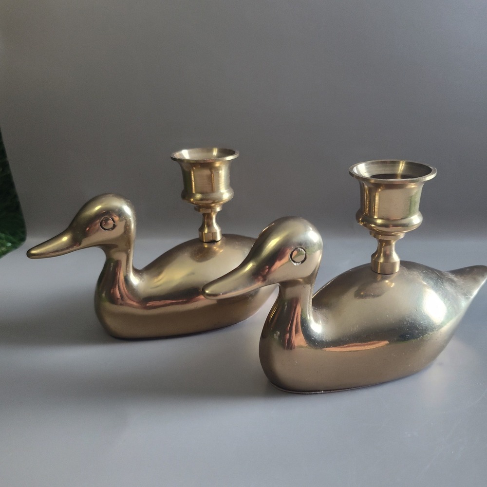 Vintage Solid Brass Duck Taper Candle Holders Pair Gold Bird Figurines Taiwan